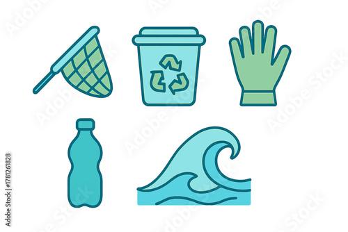 Set of flat symbols illustrating ocean cleanup, marine pollution, recycling, and environmental protection concepts