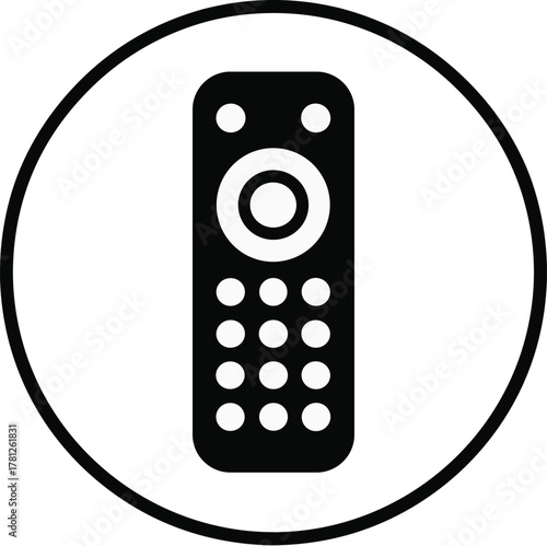 Remote control icon, media device, television button, electronic gadget, black silhouette, circular design, flat vector, user interface symbol