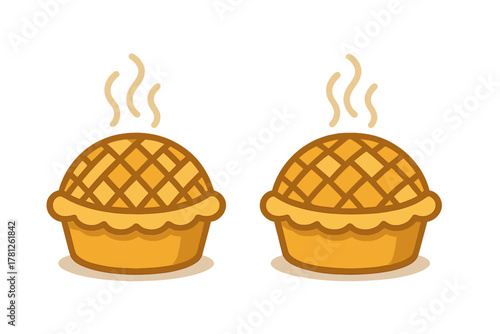 Pair of hot baked dessert pies with lattice crust and steam rising on a white background