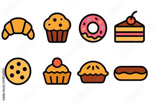 Assortment of sweet baked goods and pastry items including croissant, donut, cake slice, muffin, cookie, and eclair