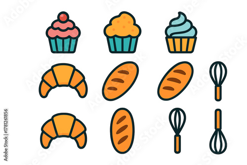 Colorful set of pastry and baking icons including sweet cupcakes, fresh croissants, bread, and kitchen whisks