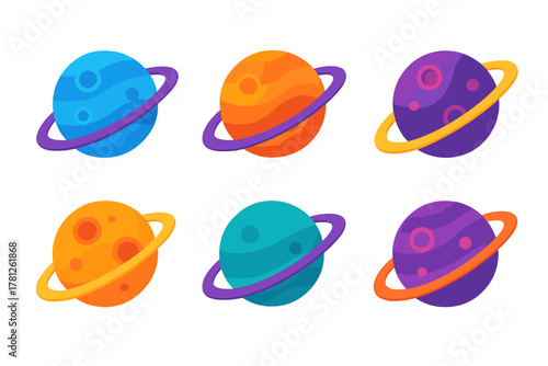 Collection of six colorful fantasy planets and cosmic bodies with distinct orbital rings