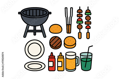 Barbecue and grilling essentials set featuring food, equipment, and drinks for summer parties
