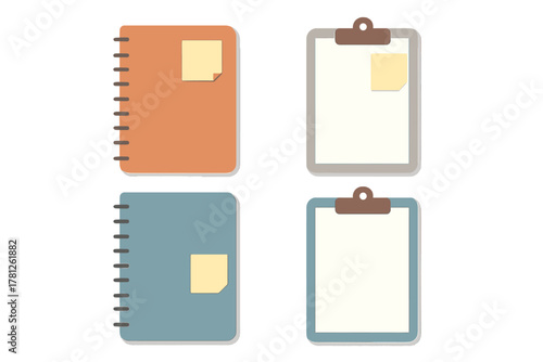 Set of four colorful notebooks and clipboards with blank sticky notes for reminders and tasks