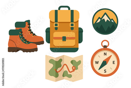Essential hiking and camping gear collection featuring boots, backpack, map, and compass