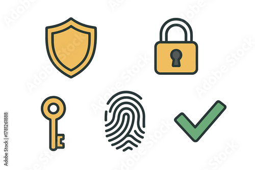 Security and authentication symbols including shield, padlock, key, fingerprint, and checkmark