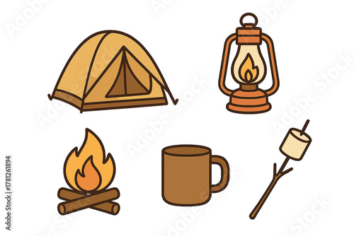 Set of camping essentials: tent, lantern, campfire, coffee mug, and roasting marshmallow