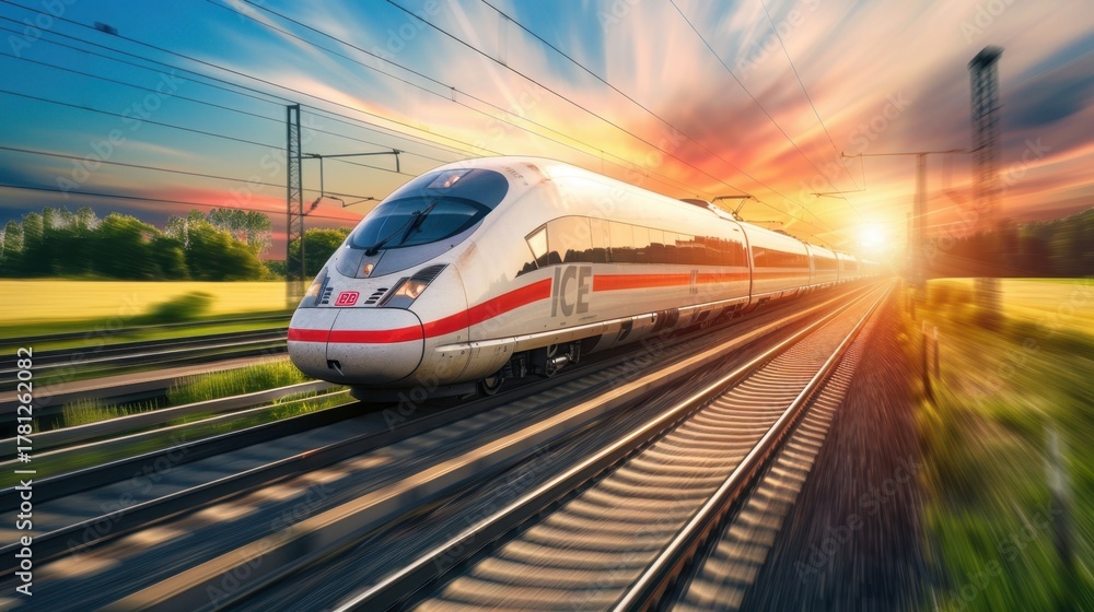 Naklejka premium A high-speed train travels along railway tracks during sunset. The scene features vibrant colors and a blurred background, emphasizing speed and motion.