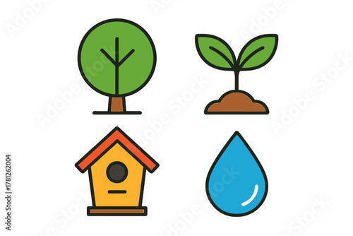Green tree, growing seedling, birdhouse, and water drop symbols for ecology and nature concepts