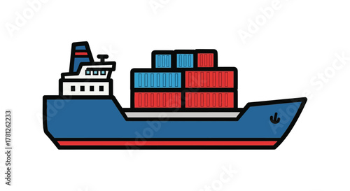 Cargo Ship Loaded with Containers Navigating the Blue Ocean with a White Background