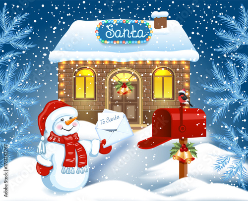 Christmas card with Snowman with Santa letter wishlist and red mailbox  and Santa's workshop against winter forest background.