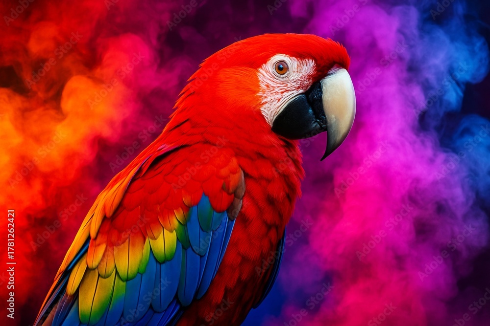 Obraz premium Scarlet macaw portrait against a vibrant, colorful, and artistic background