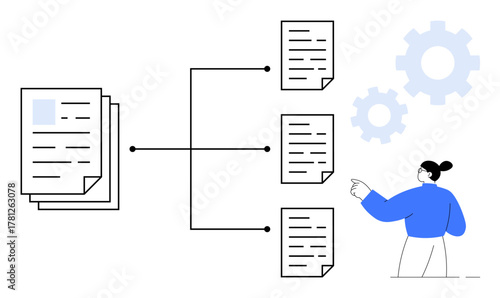 Stacked documents branching into multiple connected files, a person pointing, and three abstract gears. Ideal for workflow, organization, automation, optimization, process mapping, data management