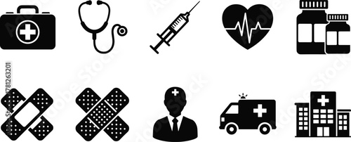 Medical healthcare icons set with doctor, ambulance, hospital, stethoscope, syringe, medicine, bandages, heart, emergency kit