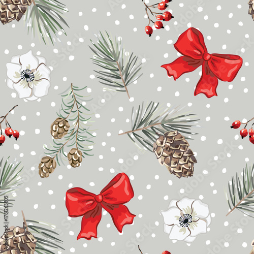 Christmas seamless pattern, cones, green pine twigs, flower, red bow, snow, gray background. Vector illustration. Nature design. Season greeting. Winter forest. Xmas holidays