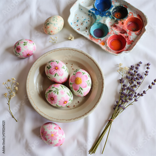 Flat lay with painted Easter eggs, watercolor palette, and dried flowers on a neutral background