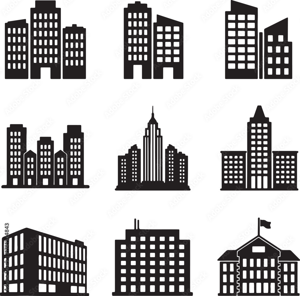 Fototapeta premium City Skyline and Building Icon Set | Urban Architecture Vector Pack