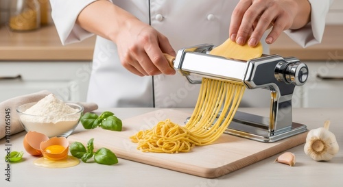 Woman chef making fresh spaghetti with pasta machine. Kitchen preparation process with raw ingredients for homemade Italian food. Healthy lifestyle cooking.