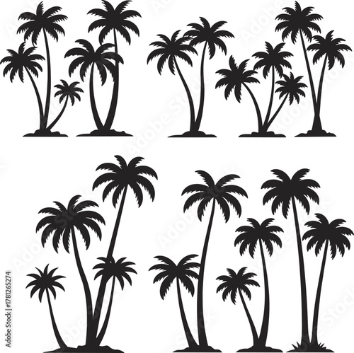 Tropical palm tree silhouette collection, summer beach vector illustration, exotic island landscape decoration, black coconut tree design elements, nature art