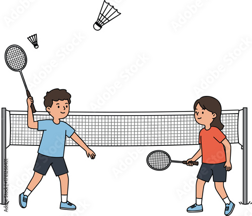 Kids playing badminton with net, happy boy and girl hitting shuttlecock outdoors, summer sport, active and healthy lifestyle