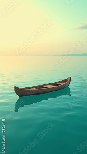 Wooden boat floating on turquoise sea at sunset, golden light reflection, peaceful minimal seascape