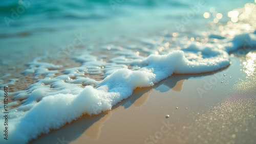 Close up of ocean foam with turquoise and warm sand tones, detailed natural marine texture