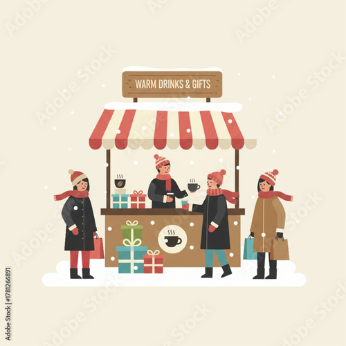 Winter Street Vendor Selling Hot Drinks and Gift Items During Holiday Sale Festival in Flat Vector Illustration with Single Solid Background