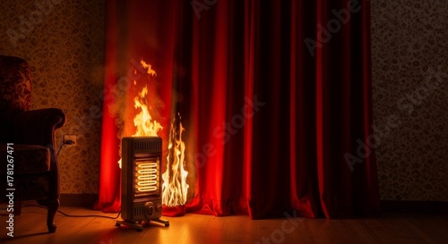 Space heater on fire setting red curtain ablaze. House safety risk of electrical accident. Home fire hazard and warning.