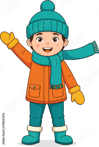 Winter child cartoon, seasonal clothing, cold weather outfit, snow gear, smiling kid, teal and orange, vector illustration