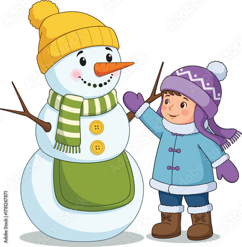 Winter child cartoon, snowman building scene, seasonal clothing, cold weather fun, bundled kid, holiday joy, vector illustration