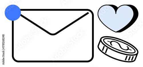 Envelope with blue notification dot, heart icon, and coin represents communication, affection, and finance. Ideal for email, charity, donation, marketing customer support relationship payment