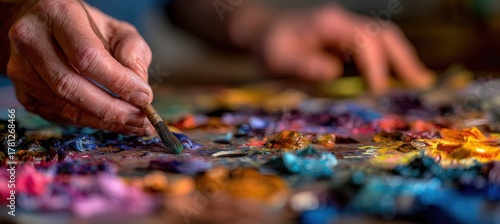 Artist's Hands Mixing Colors on Palette with Rich Pigment Textures and Smooth Bokeh
