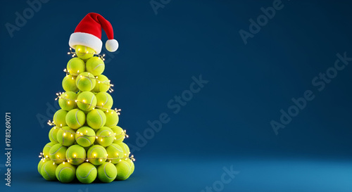 Tennis, padel ball Christmas tree Santa hat on blue background with copy space
