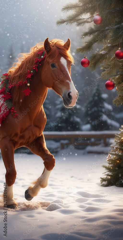 Obraz premium Chestnut horse stands in snow, draped in a red patterned shawl and garland. Festive charm to a snowy scene