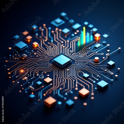 Futuristic Microchip Circuit Board Neon Blue Orange Background
