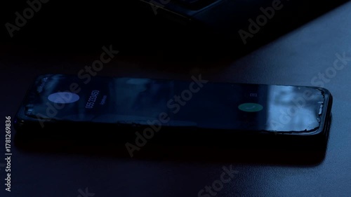 A smartphone rings and receives an incoming call in a dark room. Hand answers the phone, emphasizing late-night work, communication, and digital technology concepts.