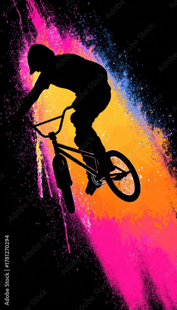 Obraz premium Dynamic BMX Trick Silhouette with Vibrant Gradient Explosion
