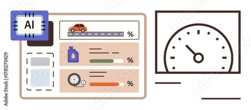 Vehicle diagnostics with AI chip, car on road track, maintenance statistics, and speedometer. Ideal for futuristic tech, automotive, transportation, safety, efficiency smart systems simple flat