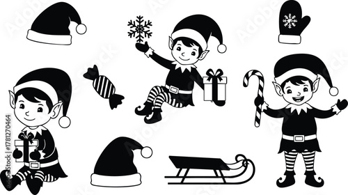 Christmas elves with Santa hats candy gifts sled and winter mittens festive holiday characters vector 