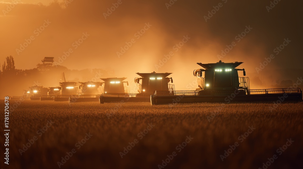 Fototapeta premium Fleet of Combine Harvesters in Synchrony on Soybean Field at Golden Hour