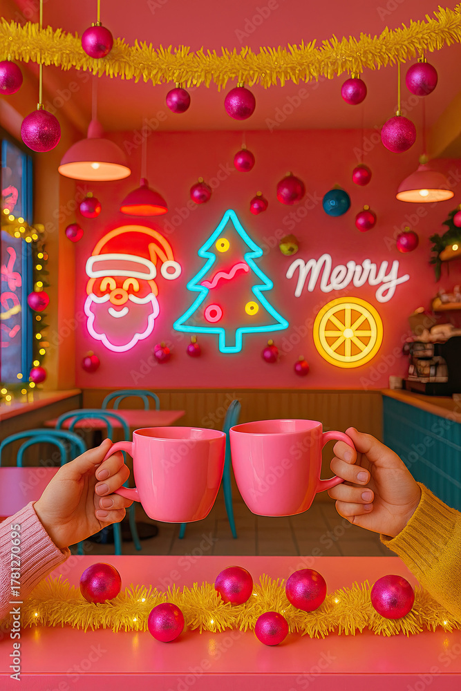 Obraz premium Hands holding pink cups in colorful Christmas café with neon lights