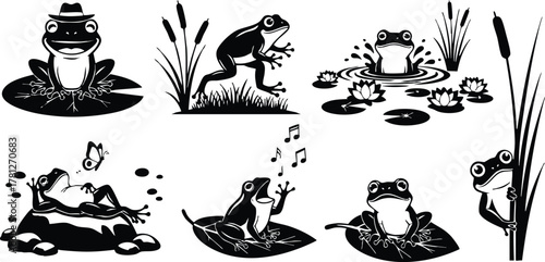 Frog Vector Illustrations Showing Various Frog Poses and Natural Wetland Scenes in Black Silhouette Style 