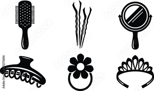 Collection of Hair Care and Styling Tools Including Brush Comb Mirror Crown and Flower Accessories Vector Illustration 