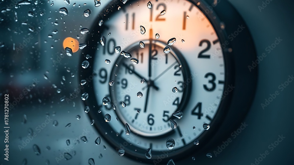 Fototapeta premium Clock reflected in raindrop on window time passing slowly