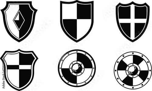 Medieval shields and round shields vector set with black and white design elements for historical and fantasy concepts 