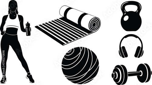 Fitness workout silhouette with yoga mat, gym ball, kettlebell, headphones, and dumbbell vector illustration 