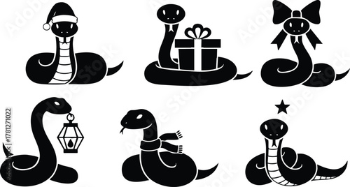 Cute cartoon snakes with holiday and festive accessories in black and white vector illustration 