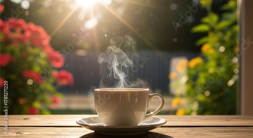 A steaming cup of coffee on a sunny wooden table with blurred garden flowers in the background.