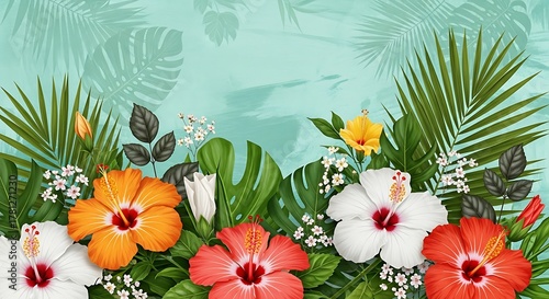 A vibrant tropical floral arrangement with hibiscus and palm leaves on an aqua background.