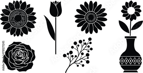 Floral silhouette collection with sunflower tulip rose and decorative vase vector illustration 